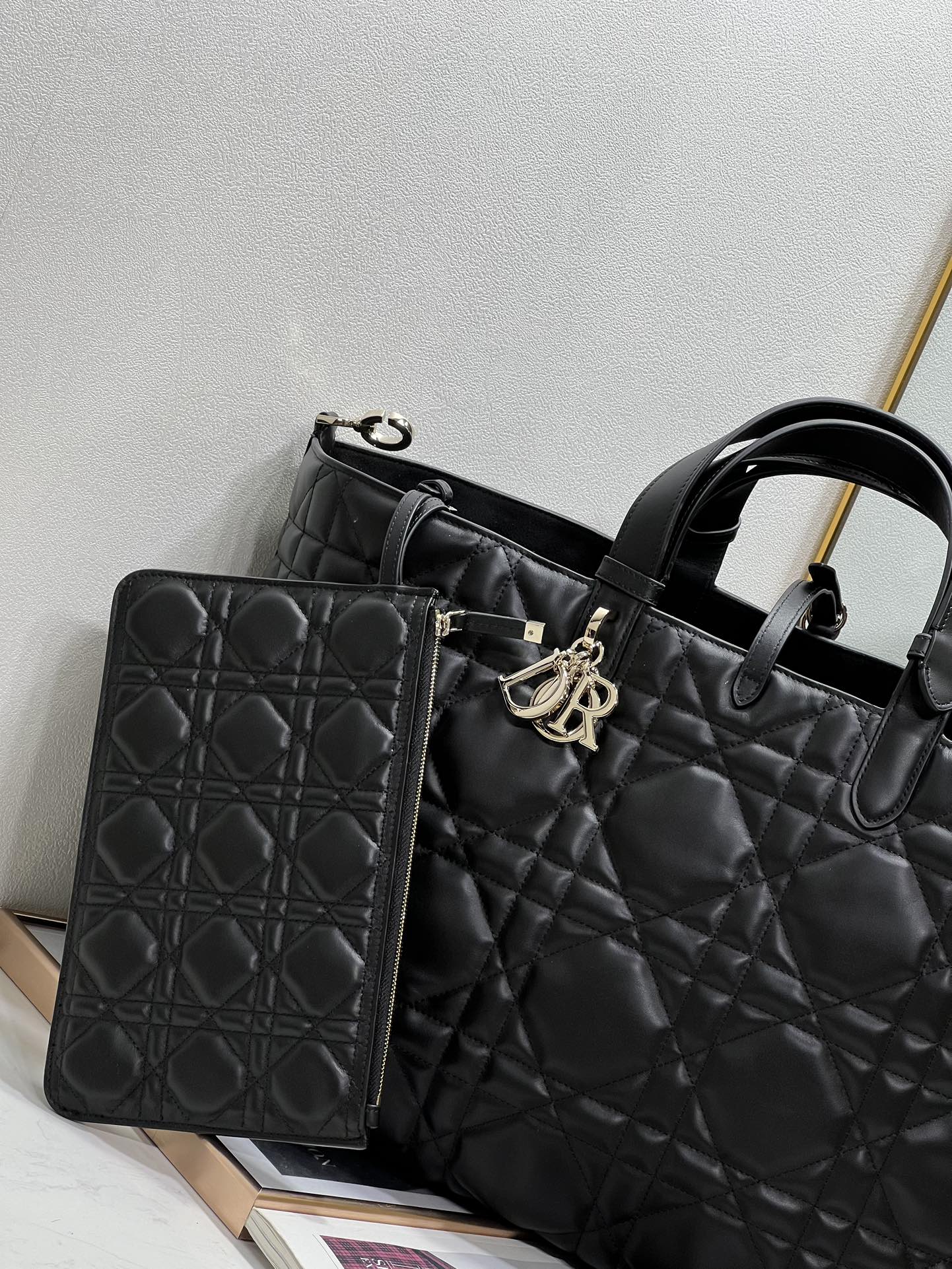 Large Dior Toujours Bag Black Macrocannage Calfskin